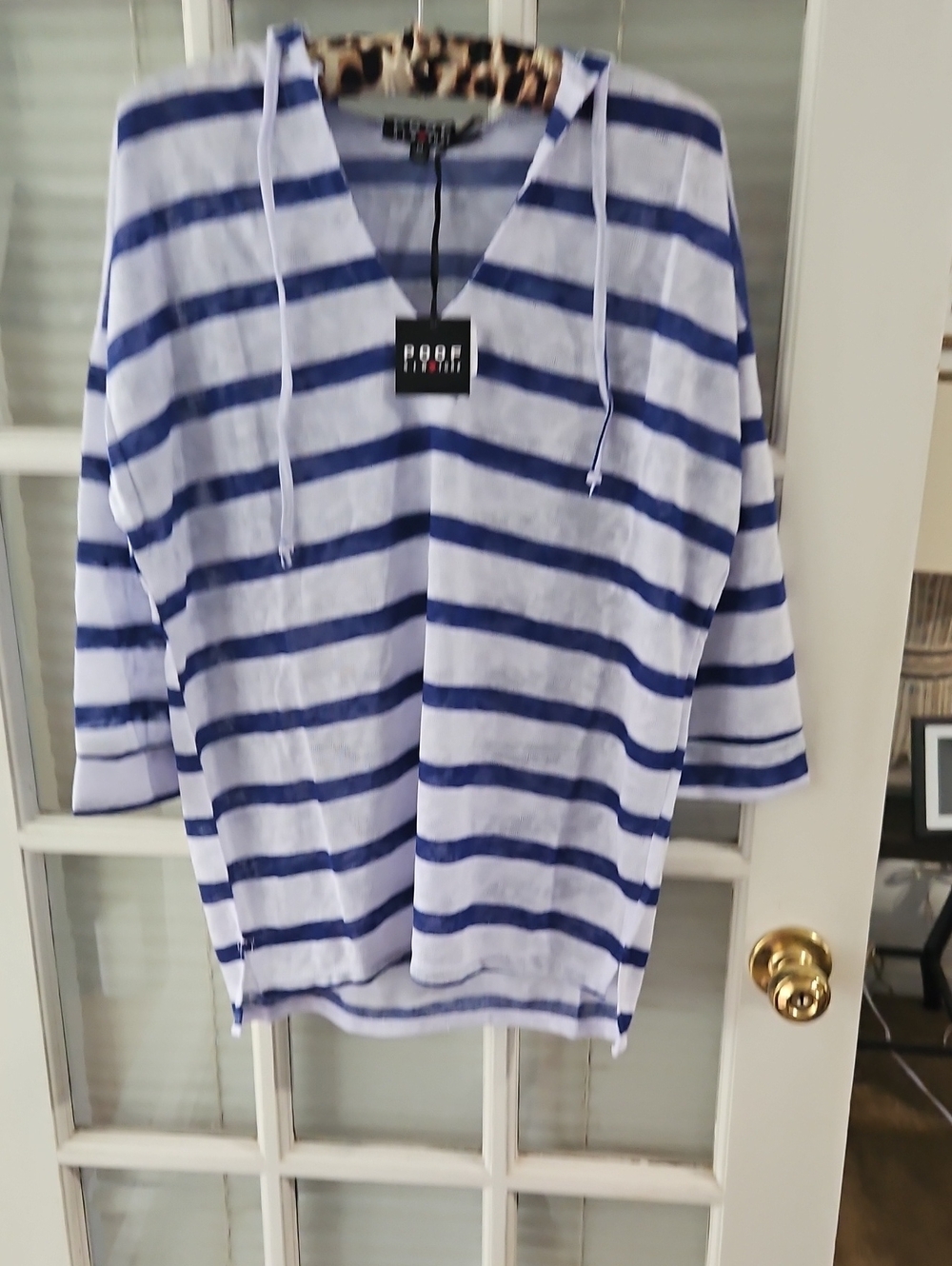 NWT POOF! Striped Hooded Pullover — White & Navy. SZ L